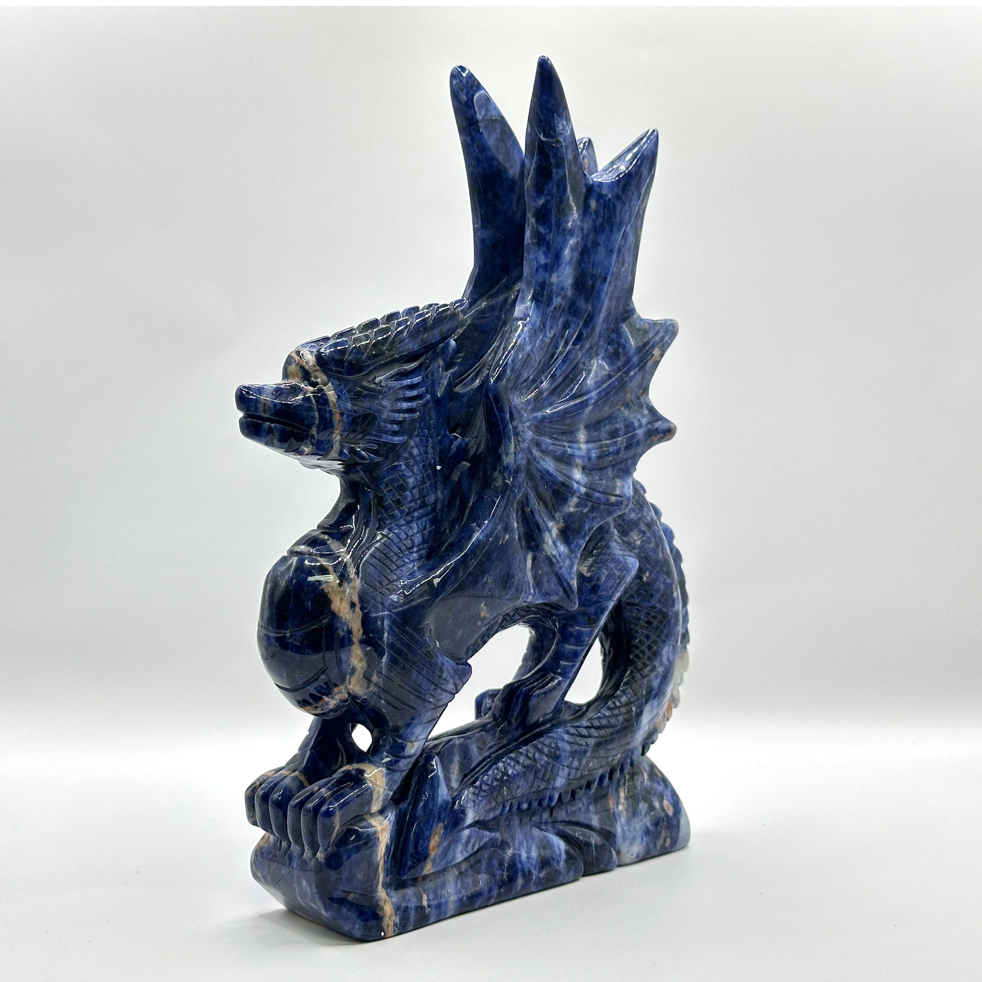 Hand-Carved Blue Sodalite Dragon Sculpture with Wings - Gem Avenue