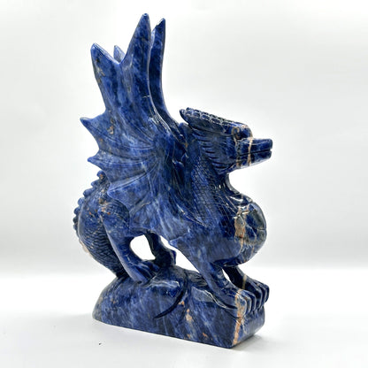 Hand-Carved Blue Sodalite Dragon Sculpture with Wings - Gem Avenue