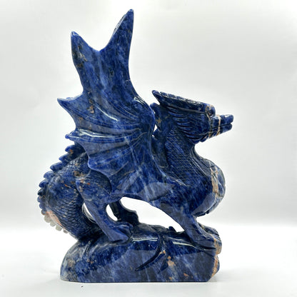 Hand-Carved Blue Sodalite Dragon Sculpture with Wings - Gem Avenue