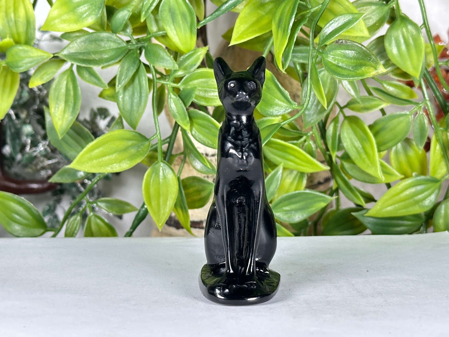 Hand-Carved Black Obsidian Cat Carving 3" Crystal Figurine for Protection & Home Decor - RAN570