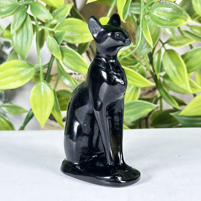Hand-Carved Black Obsidian Cat Carving 3" Crystal Figurine for Protection & Home Decor - RAN570