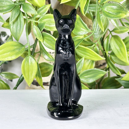 Hand-Carved Black Obsidian Cat Carving 3" Crystal Figurine for Protection & Home Decor - RAN570