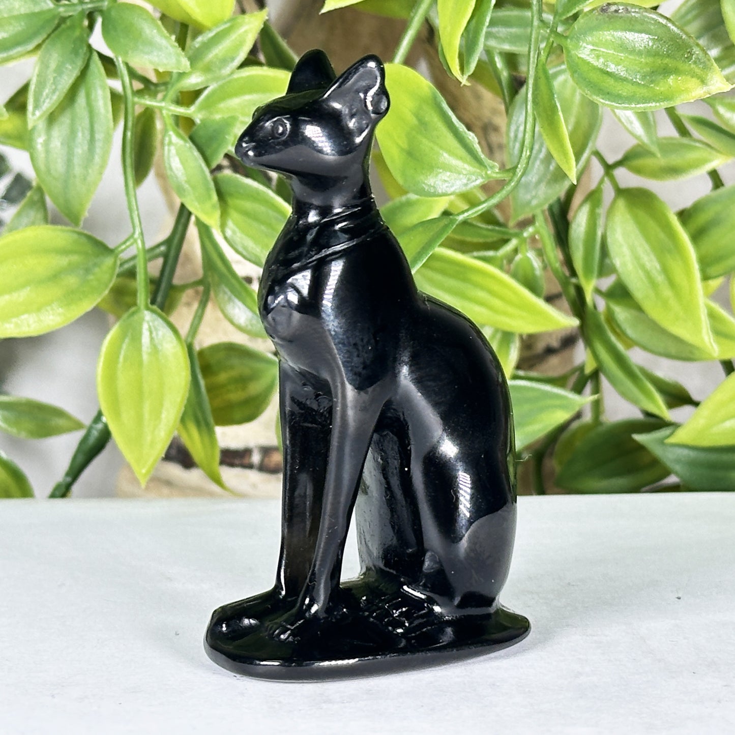 Hand-Carved Black Obsidian Cat Carving 3" Crystal Figurine for Protection & Home Decor - RAN570