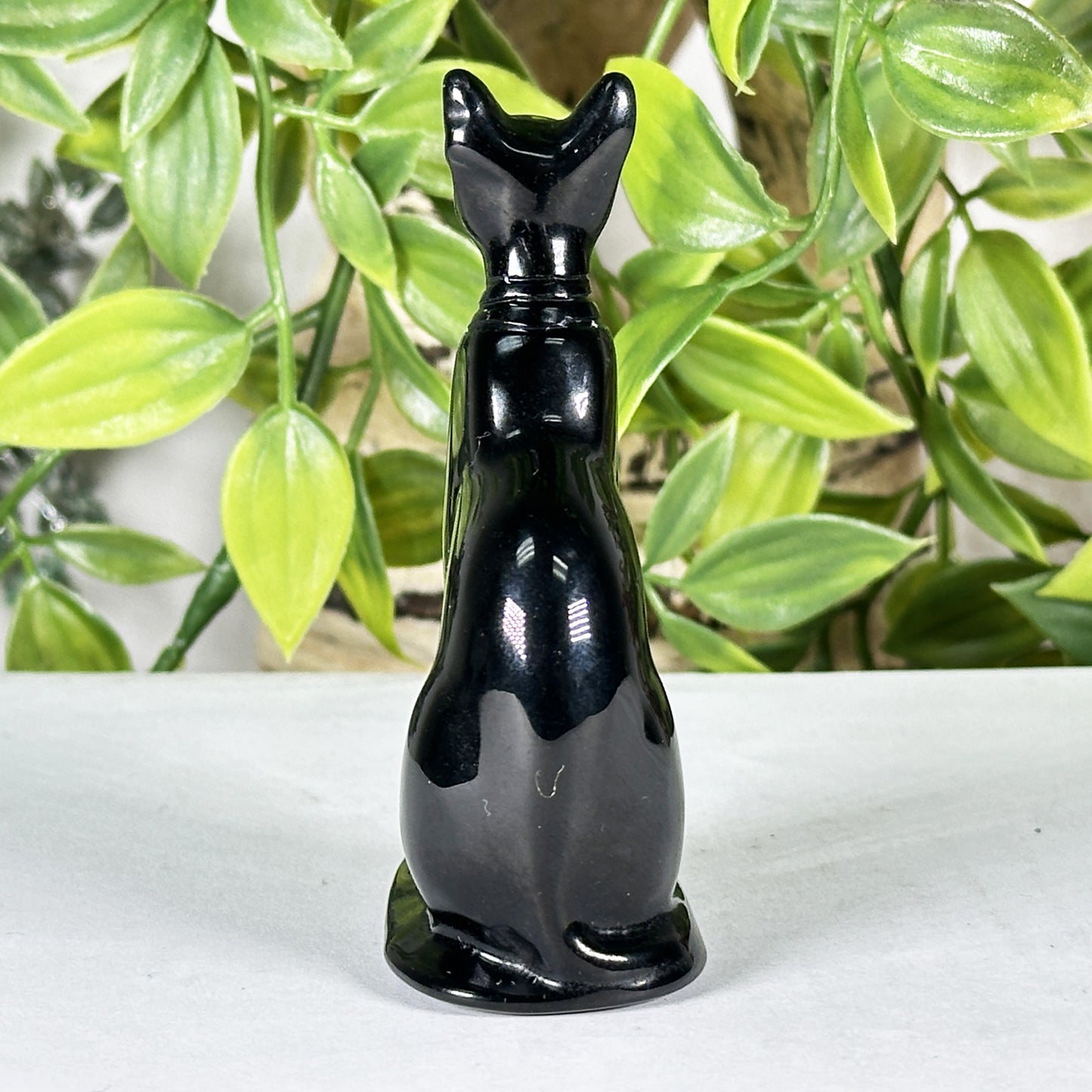 Hand-Carved Black Obsidian Cat Carving 3" Crystal Figurine for Protection & Home Decor - RAN570