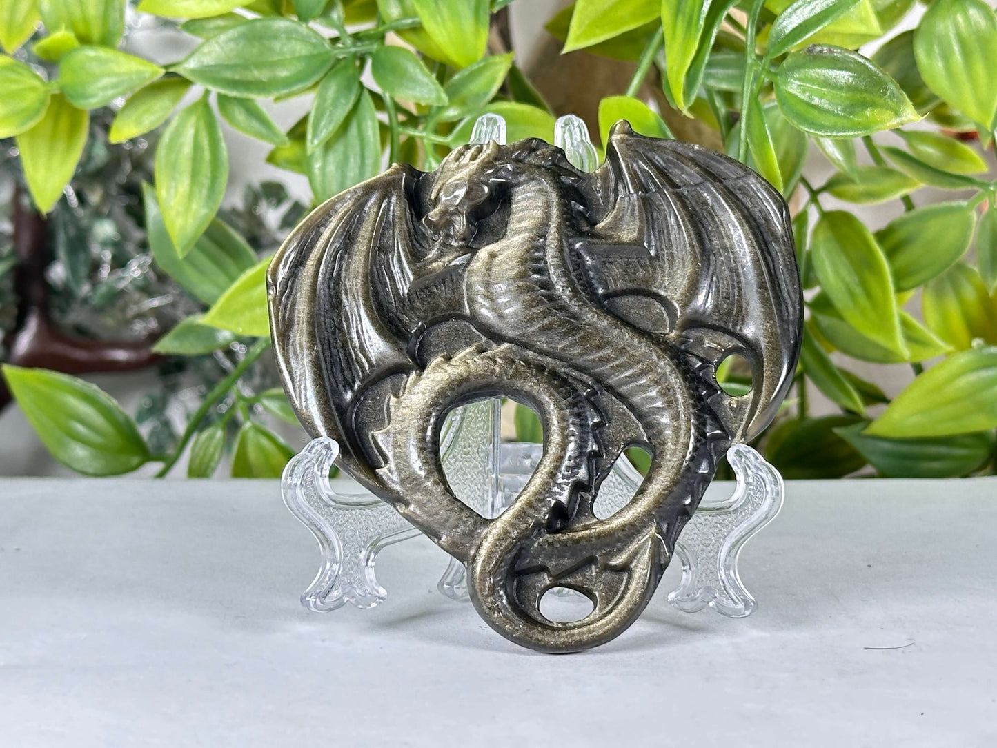 Gold Sheen Obsidian Dragon Carving Polished Crystal Figurine Display Piece - RAN571