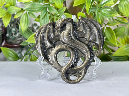 Gold Sheen Obsidian Dragon Carving Polished Crystal Figurine Display Piece - RAN571