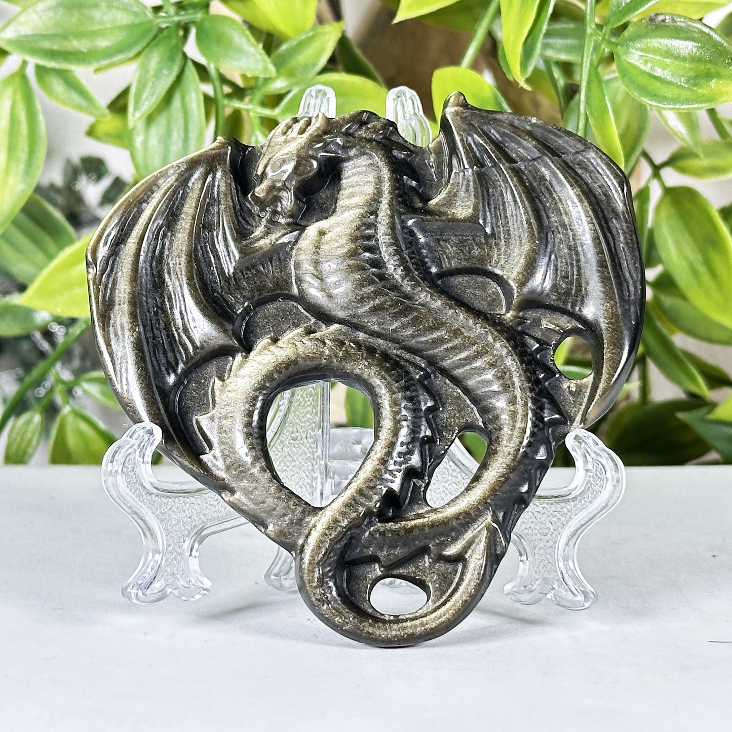 Gold Sheen Obsidian Dragon Carving Polished Crystal Figurine Display Piece - RAN571