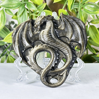 Gold Sheen Obsidian Dragon Carving Polished Crystal Figurine Display Piece - RAN571