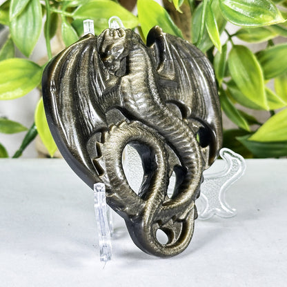 Gold Sheen Obsidian Dragon Carving Polished Crystal Figurine Display Piece - RAN571