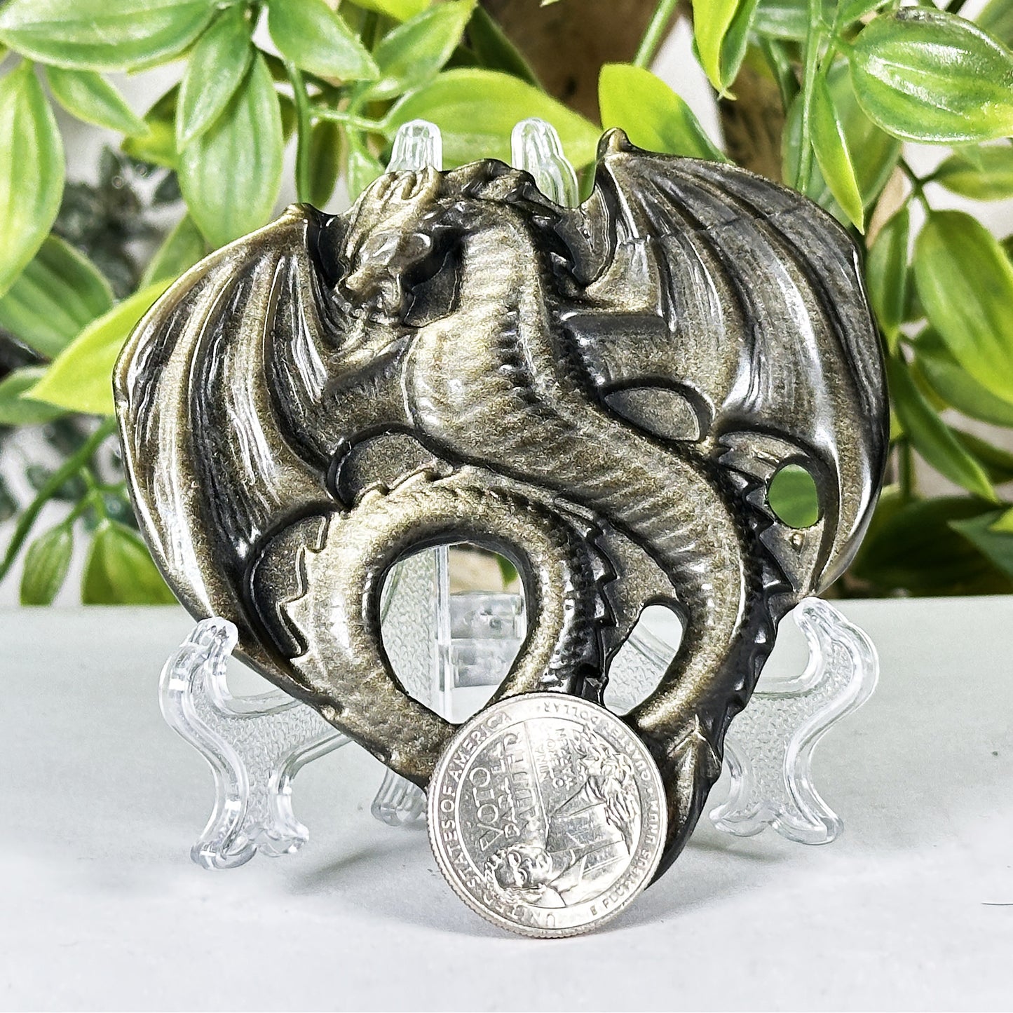Gold Sheen Obsidian Dragon Carving Polished Crystal Figurine Display Piece - RAN571