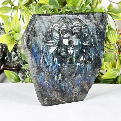 Labradorite Lion Sculpture Hand-Carved Gemstone with Blue Fire Flash - RAN572