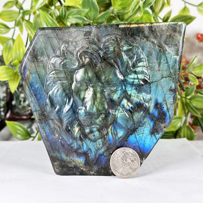Labradorite Lion Sculpture Hand-Carved Gemstone with Blue Fire Flash - RAN572