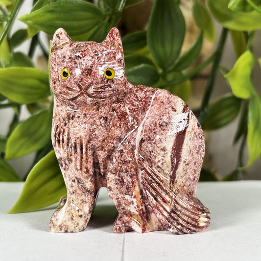 Hand-Carved Soapstone Cat Crystal Figurine Natural Healing Stone Sculpture, Unique Animal Collector Mineral Specimen - RAN594