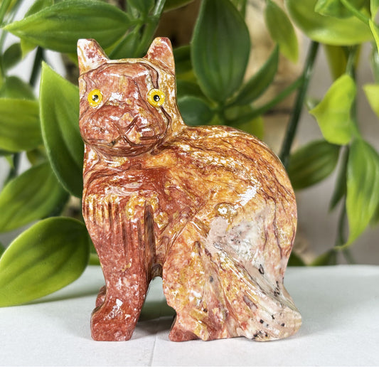 Hand-Carved Soapstone Cat Crystal Figurine Natural Healing Stone Sculpture, Unique Cat Collector Mineral Specimen