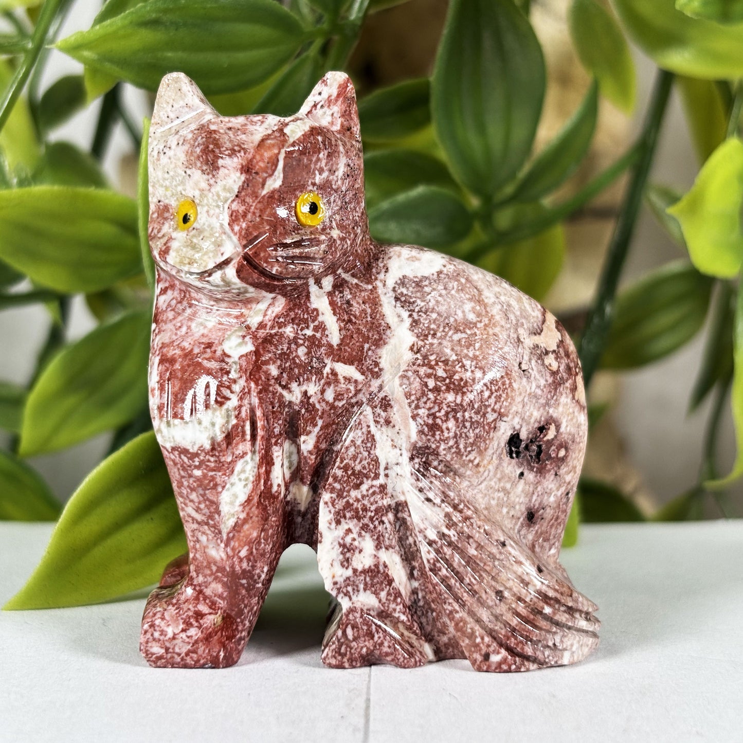 Hand-Carved Soapstone Cat Crystal Figurine Natural Healing Stone Sculpture, Unique Cat Collectible Mineral Specimen