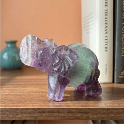 Fluorite Elephant Figurine 2.75" Purple and Green Crystal Animal Decor