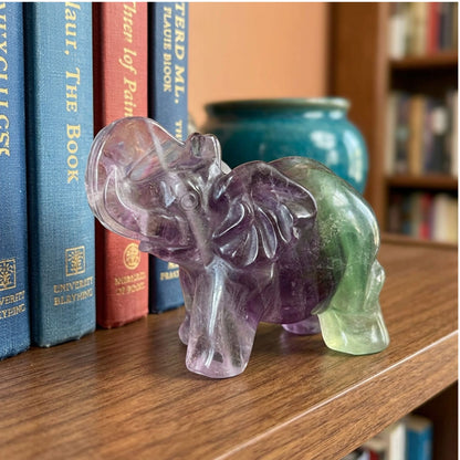 Fluorite Elephant Figurine 2.75" Purple Green Crystal Animal Carving Decor