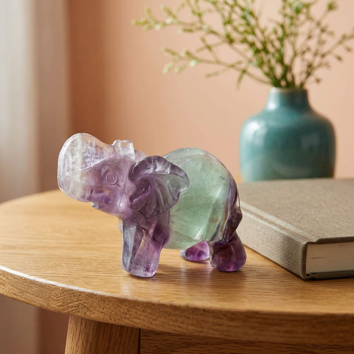 Fluorite Elephant Figurine 2.75" Purple and Green Crystal Animal Decor