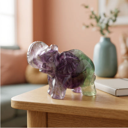 Fluorite Elephant Figurine 2.75" Purple Green Crystal Animal Carving Decor