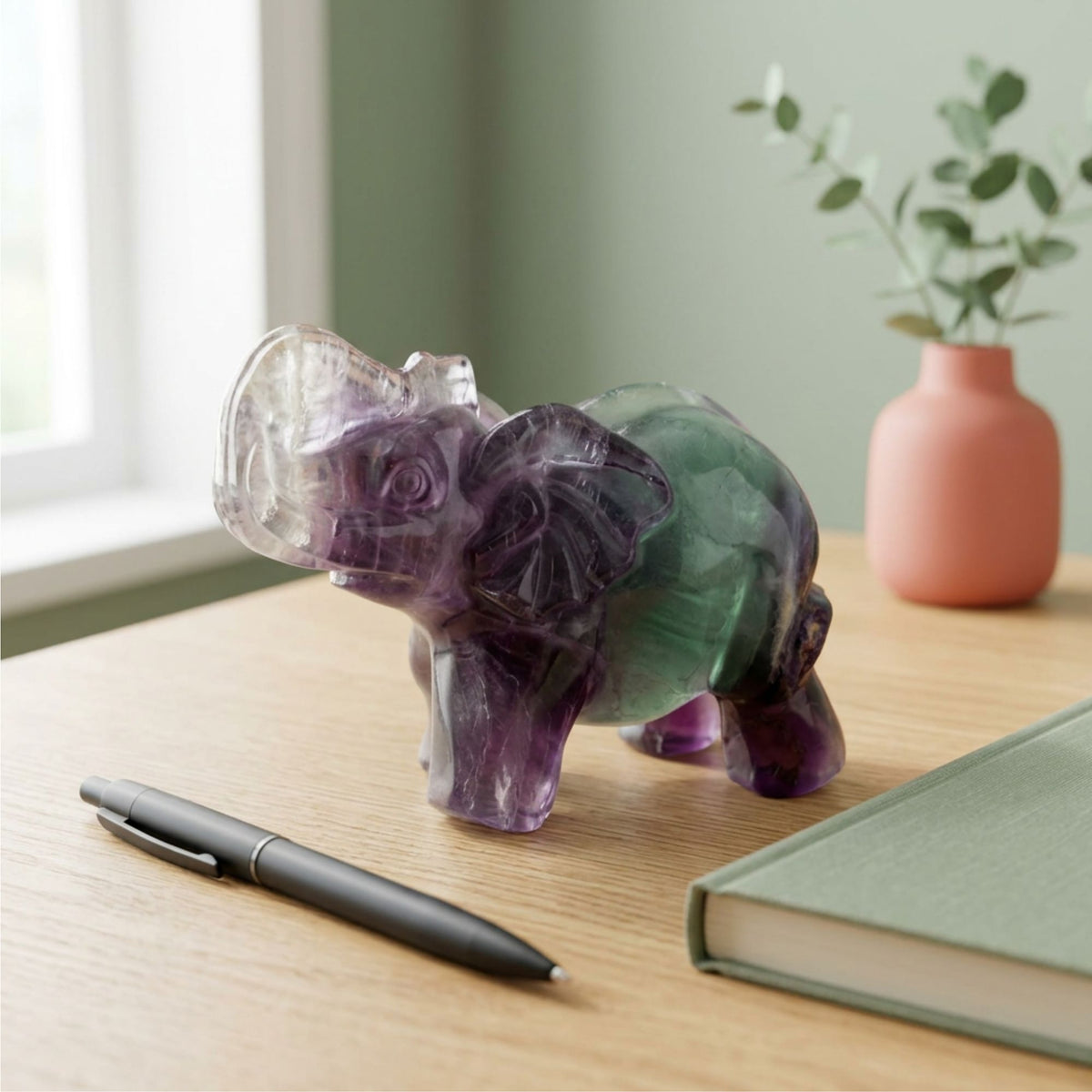 Fluorite Elephant Figurine 2.75" Purple and Green Crystal Animal Decor
