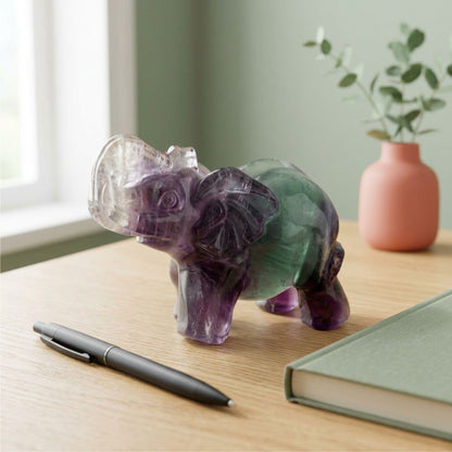 Fluorite Elephant Figurine 2.75" Purple and Green Crystal Animal Decor