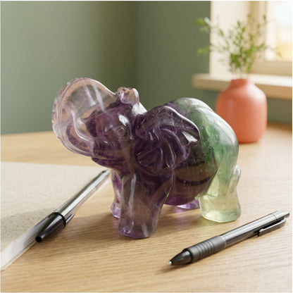 Fluorite Elephant Figurine 2.75" Purple Green Crystal Animal Carving Decor