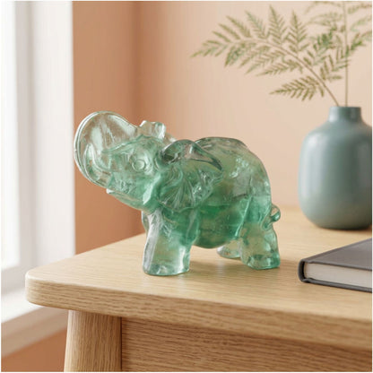 Green Fluorite Elephant Figurine 2.75" Natural Crystal Animal Carving Decor