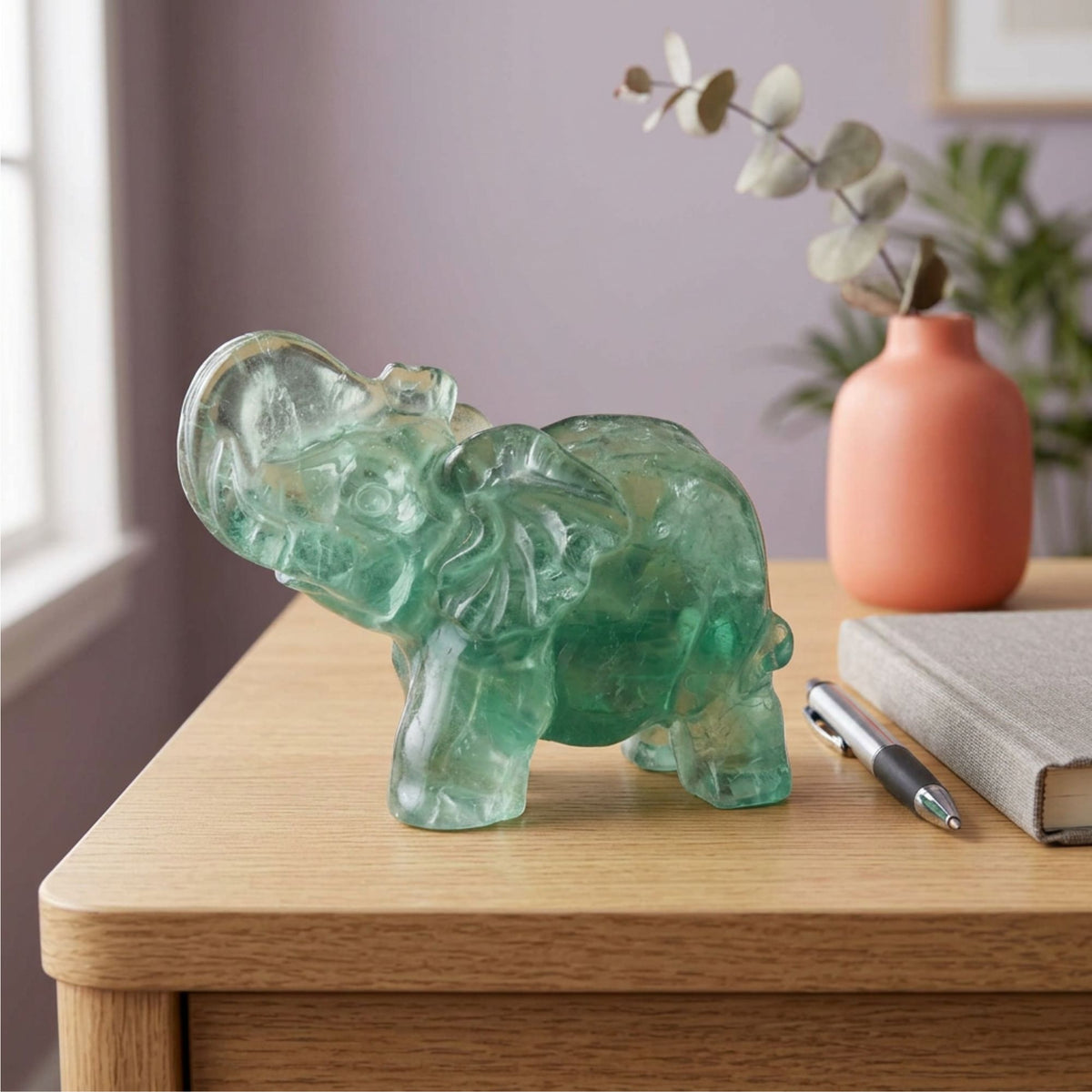 Green Fluorite Elephant Figurine 2.75" Natural Crystal Animal Carving Decor
