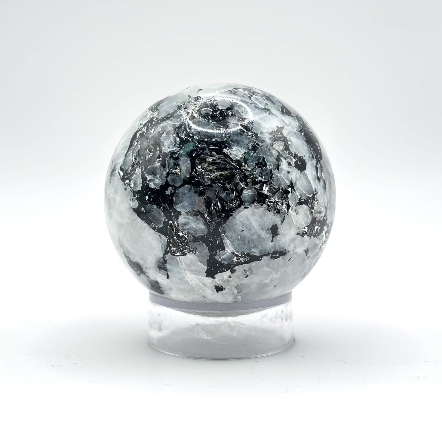 Rainbow Moonstone Sphere with Black Tourmaline Inclusions, Natural Healing Crystal Ball for Meditation & Home Dcor