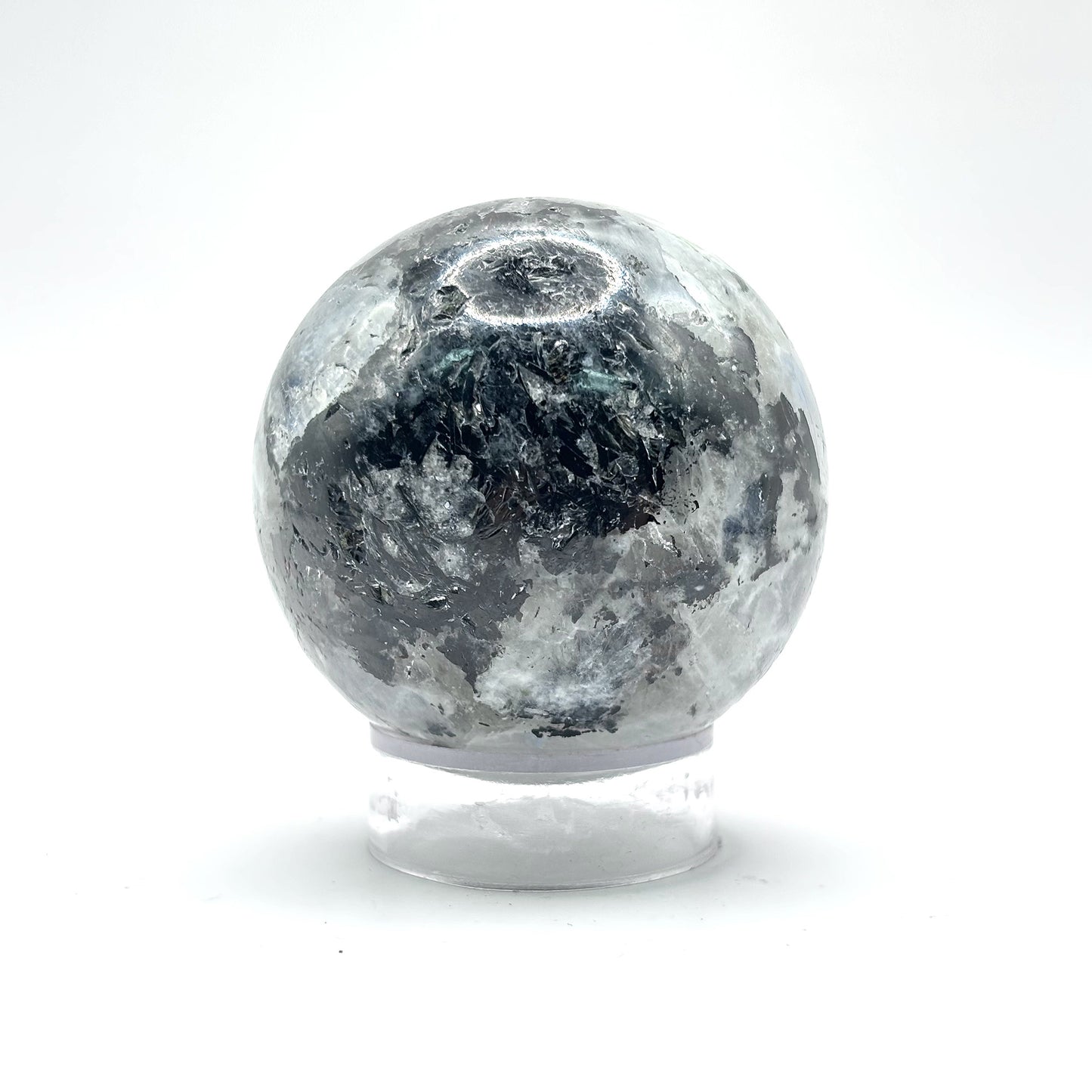 Rainbow Moonstone & Black Tourmaline Inclusions Crystal Sphere Orb for Yoga Studio or Bedroom Sanctuary Decor