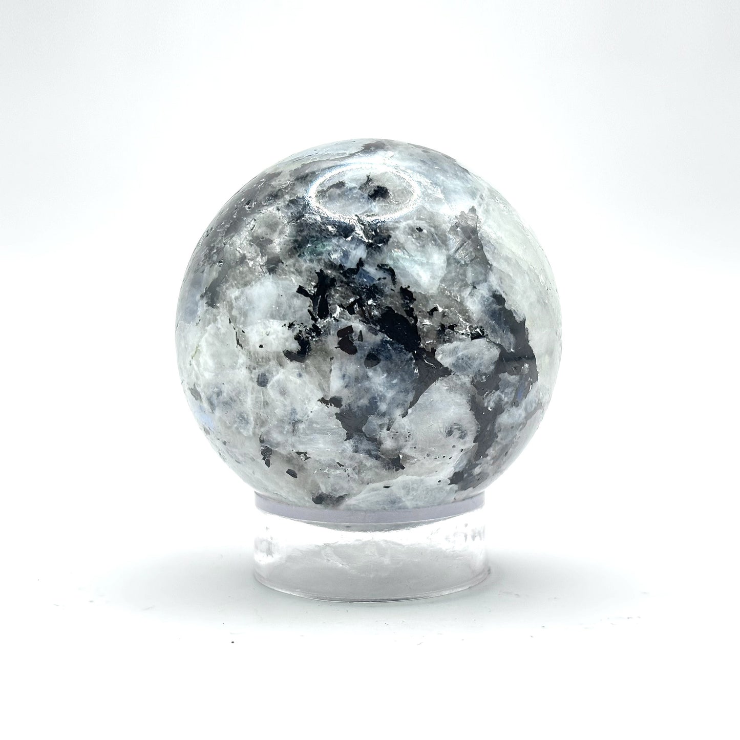 Rainbow Moonstone & Black Tourmaline Inclusions Crystal Sphere Orb for Yoga Studio or Bedroom Sanctuary Decor