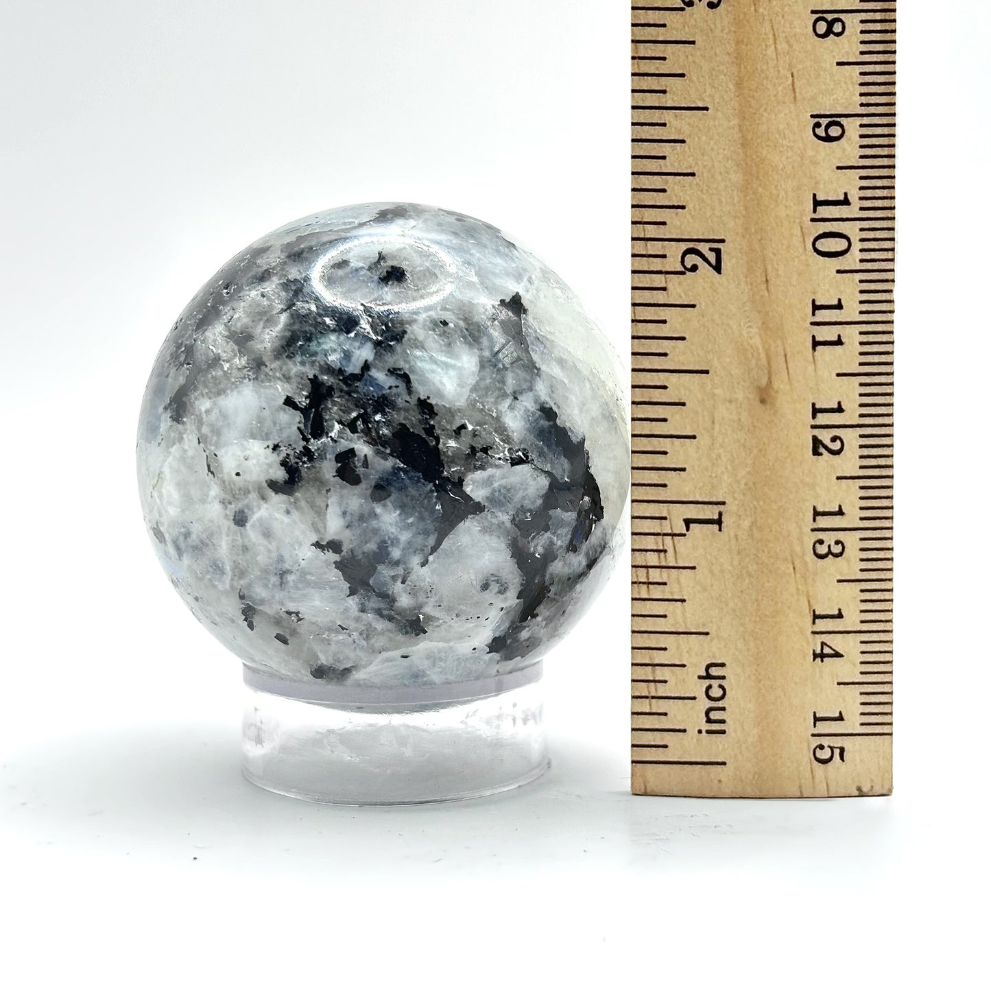 Rainbow Moonstone & Black Tourmaline Inclusions Crystal Sphere Orb for Yoga Studio or Bedroom Sanctuary Decor