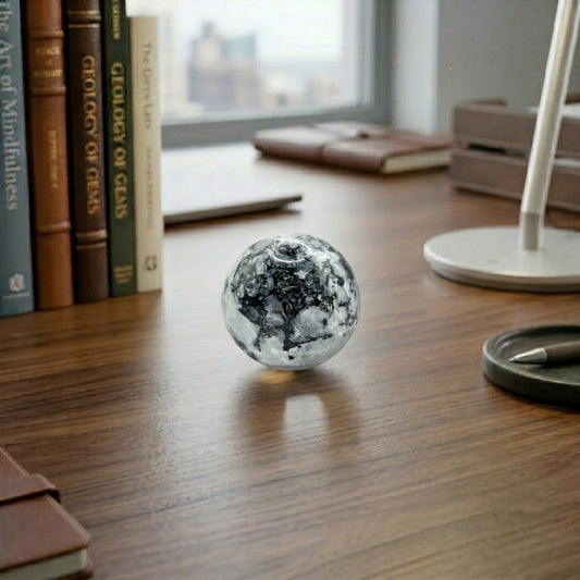 Authentic Rainbow Moonstone Sphere with Tourmaline Crystals - High Energy Polished Mineral Specimen for Home Office Deco