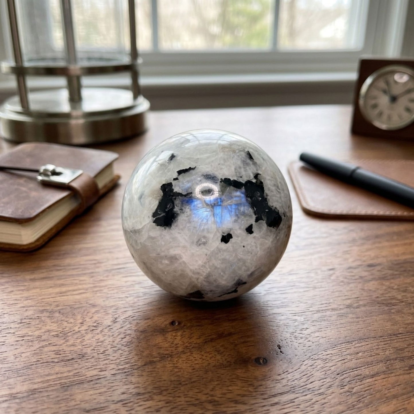 Rainbow Moonstone Crystal Sphere with Black Tourmaline Inclusions Natural Healing & Energy Cleansing Decor - RBL338-A