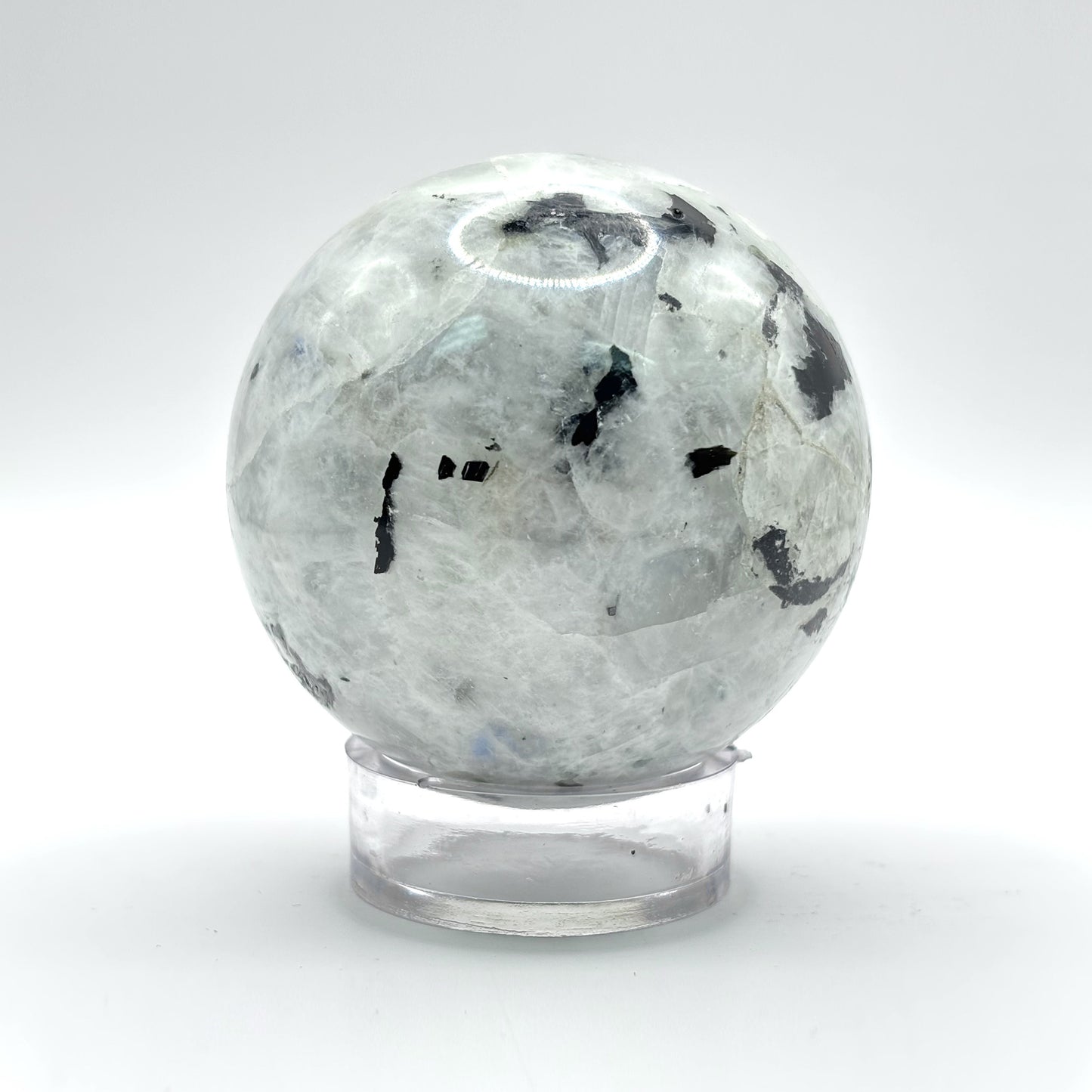 Rainbow Moonstone Crystal Sphere with Black Tourmaline Inclusions Natural Healing & Energy Cleansing Decor - RBL338-A