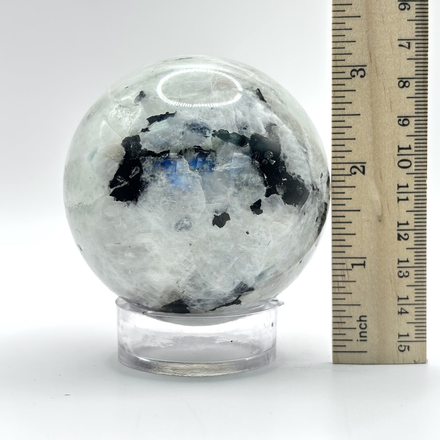 Rainbow Moonstone Crystal Sphere with Black Tourmaline Inclusions Natural Healing & Energy Cleansing Decor - RBL338-A
