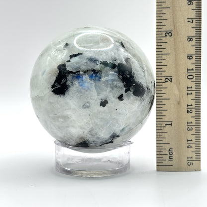 Rainbow Moonstone Crystal Sphere with Black Tourmaline Inclusions Natural Healing & Energy Cleansing Decor - RBL338-A
