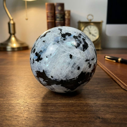 Rainbow Moonstone Crystal Sphere with Black Tourmaline Inclusions Natural Healing & Energy Cleansing Decor - RBL338-B
