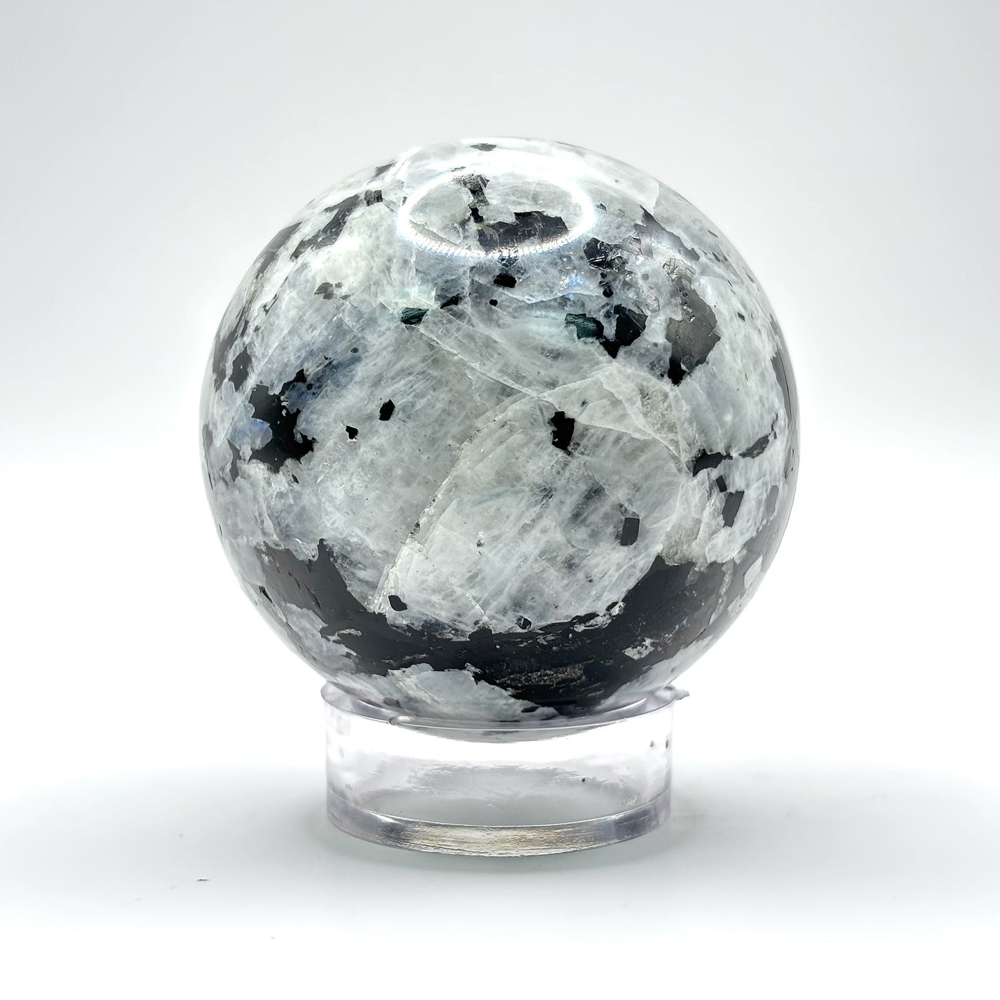 Rainbow Moonstone Crystal Sphere with Black Tourmaline Inclusions Natural Healing & Energy Cleansing Decor - RBL338-B