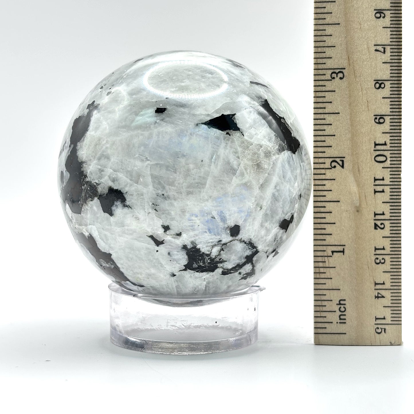 Rainbow Moonstone Crystal Sphere with Black Tourmaline Inclusions Natural Healing & Energy Cleansing Decor - RBL338-B
