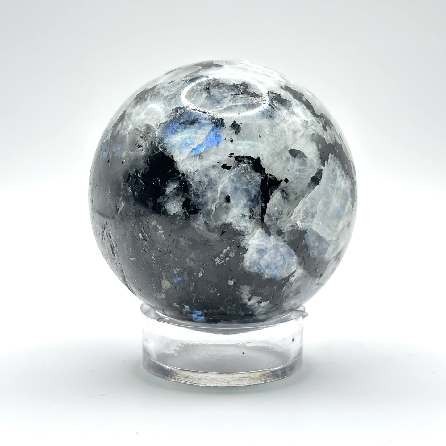 Rainbow Moonstone Crystal Sphere with Black Tourmaline Inclusions Natural Healing & Energy Cleansing Decor - RBL338-C