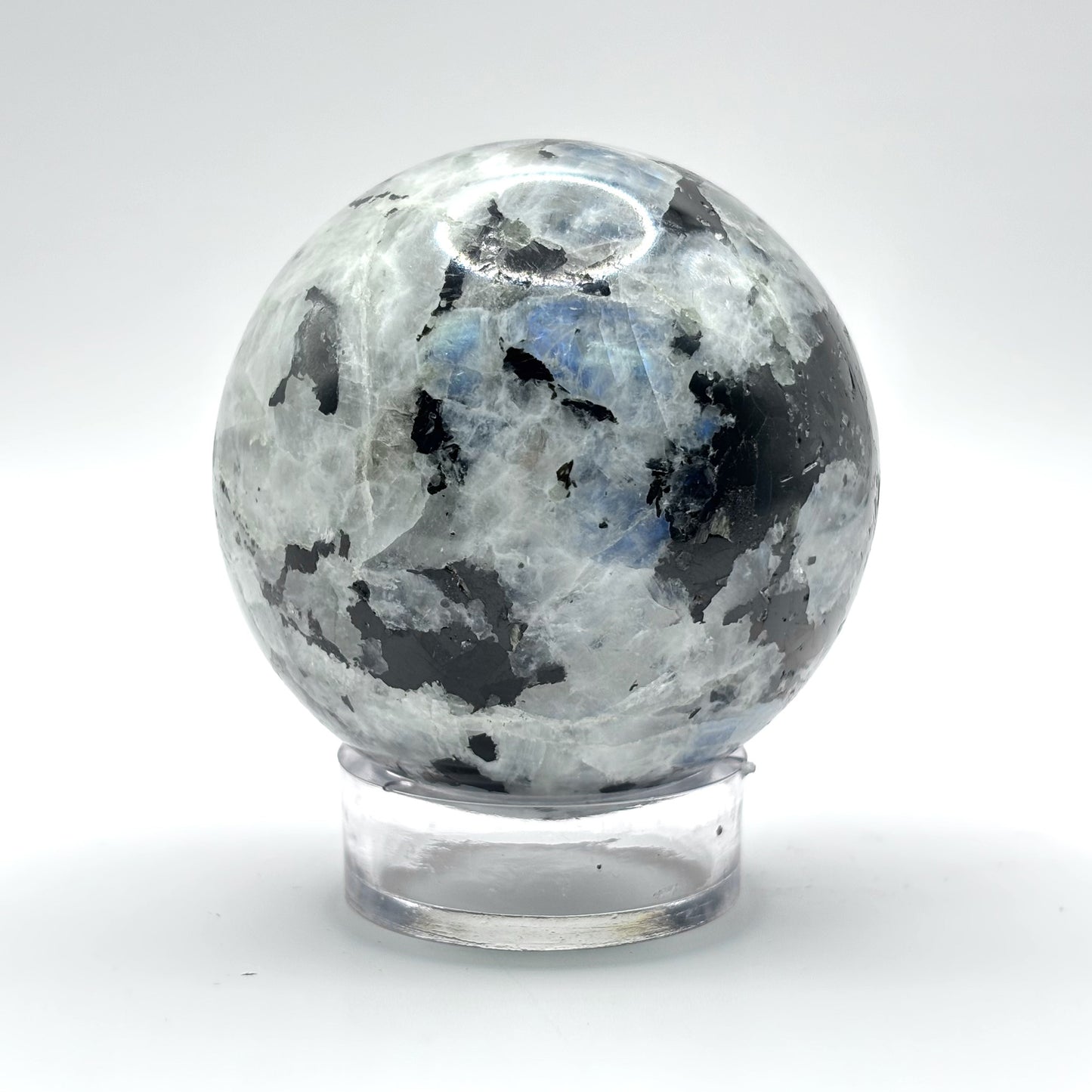 Rainbow Moonstone Crystal Sphere with Black Tourmaline Inclusions Natural Healing & Energy Cleansing Decor - RBL338-C