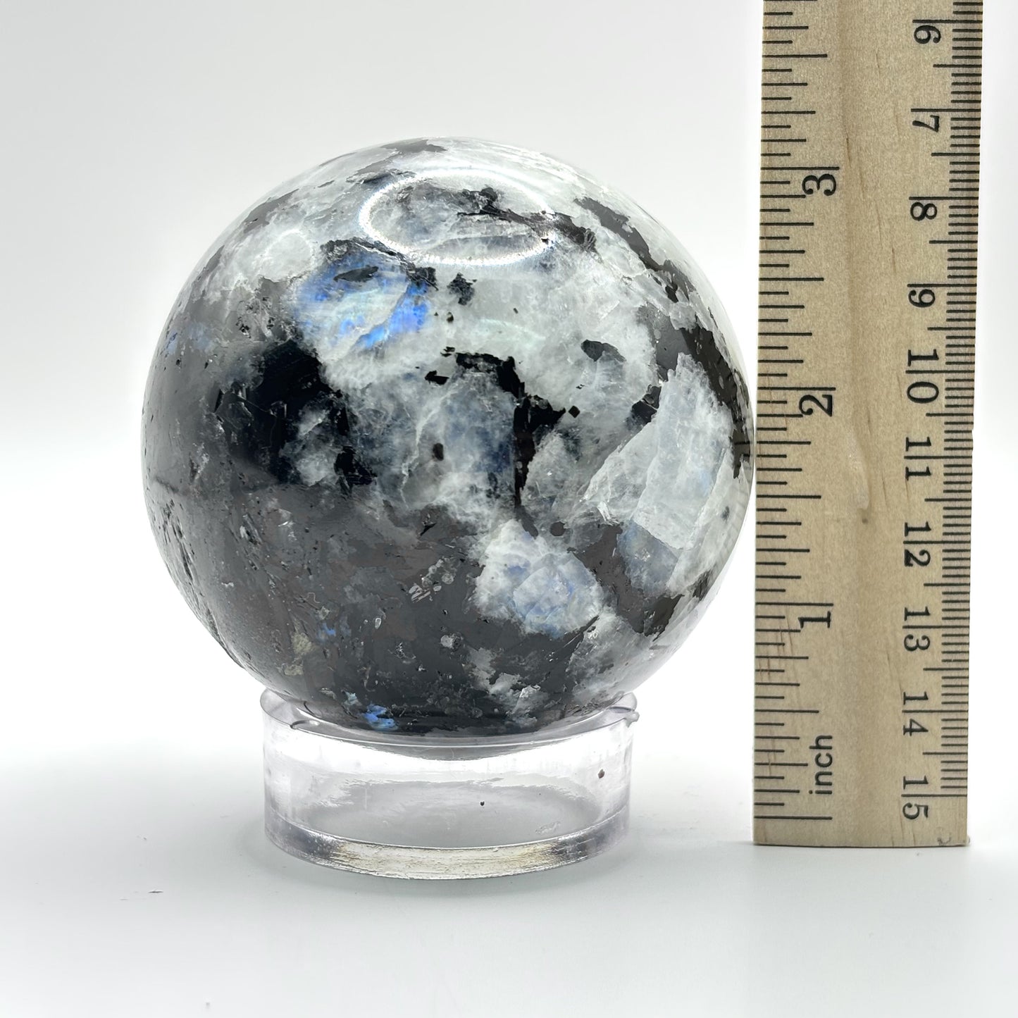 Rainbow Moonstone Crystal Sphere with Black Tourmaline Inclusions Natural Healing & Energy Cleansing Decor - RBL338-C