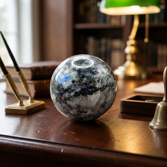 Rainbow Moonstone Crystal Sphere with Black Tourmaline Inclusions Natural Healing & Energy Cleansing Decor - RBL338-D