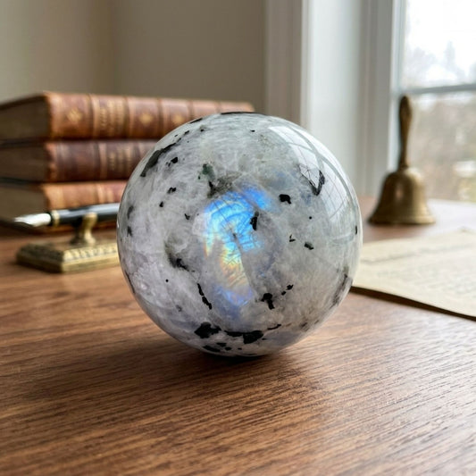 Rainbow Moonstone Crystal Sphere with Black Tourmaline Inclusions Natural Healing & Energy Cleansing Decor - RBL338-E