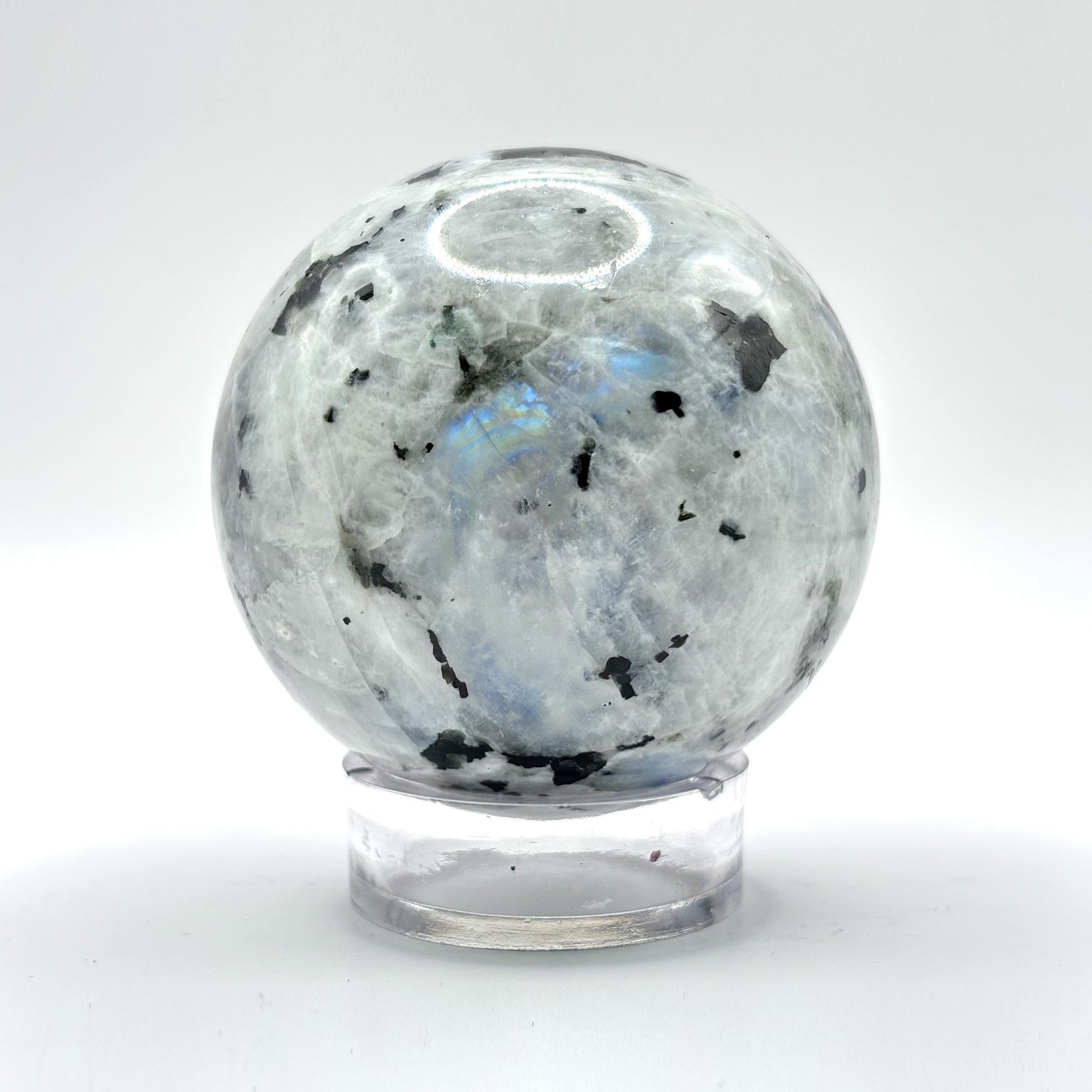 Rainbow Moonstone Crystal Sphere with Black Tourmaline Inclusions Natural Healing & Energy Cleansing Decor - RBL338-E