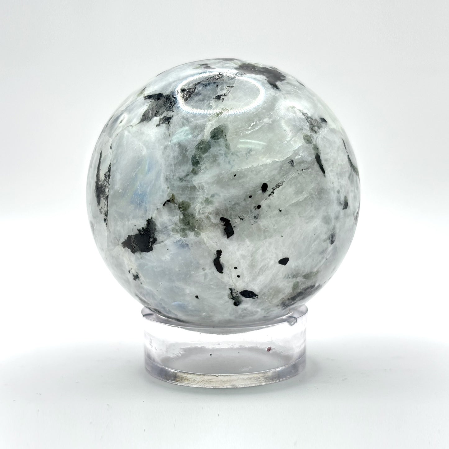 Rainbow Moonstone Crystal Sphere with Black Tourmaline Inclusions Natural Healing & Energy Cleansing Decor - RBL338-E