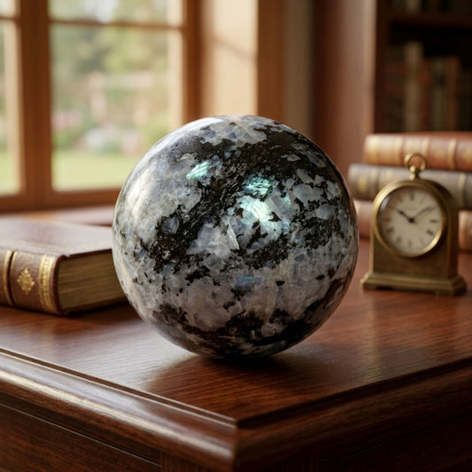 Rainbow Moonstone Crystal Sphere with Black Tourmaline Inclusions Natural Healing & Energy Cleansing Decor - RBL338 - G