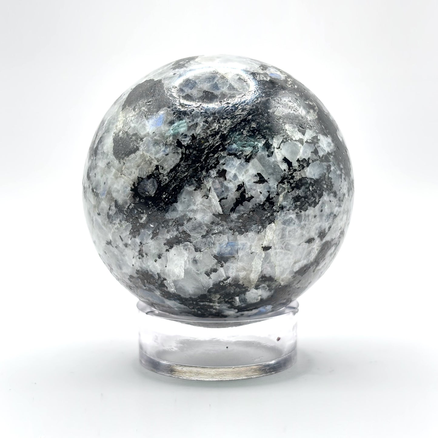 Rainbow Moonstone Crystal Sphere with Black Tourmaline Inclusions Natural Healing & Energy Cleansing Decor - RBL338 - G