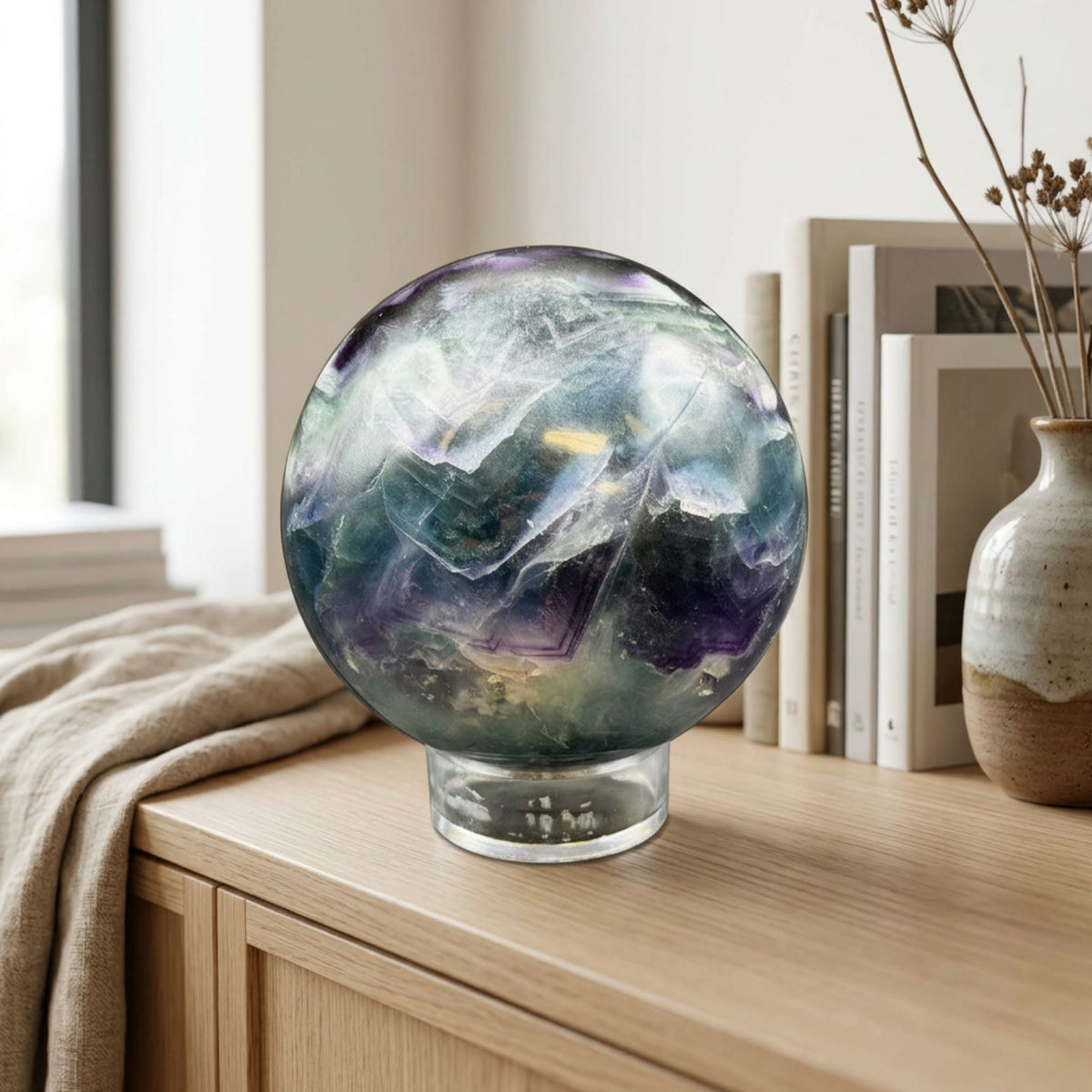 Rainbow Fluorite Sphere 2.25" Polished Purple and Green Crystal Ball Home Decor